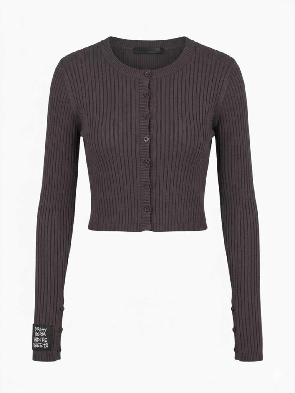 Ribbed Button-Front Long Sleeve Crop Top - Charcoal Gray